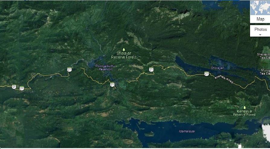 Google Maps image. A small section of western ghats through which the Chalakkudy - Vaalparai road passes through Western Ghats. Chalakkudy to Vaalparai